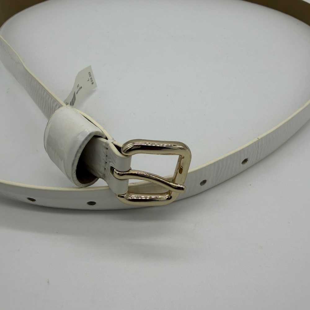 Talbots Womens White Patent Leather Skinny Belt Gold Buckle Large 249157
